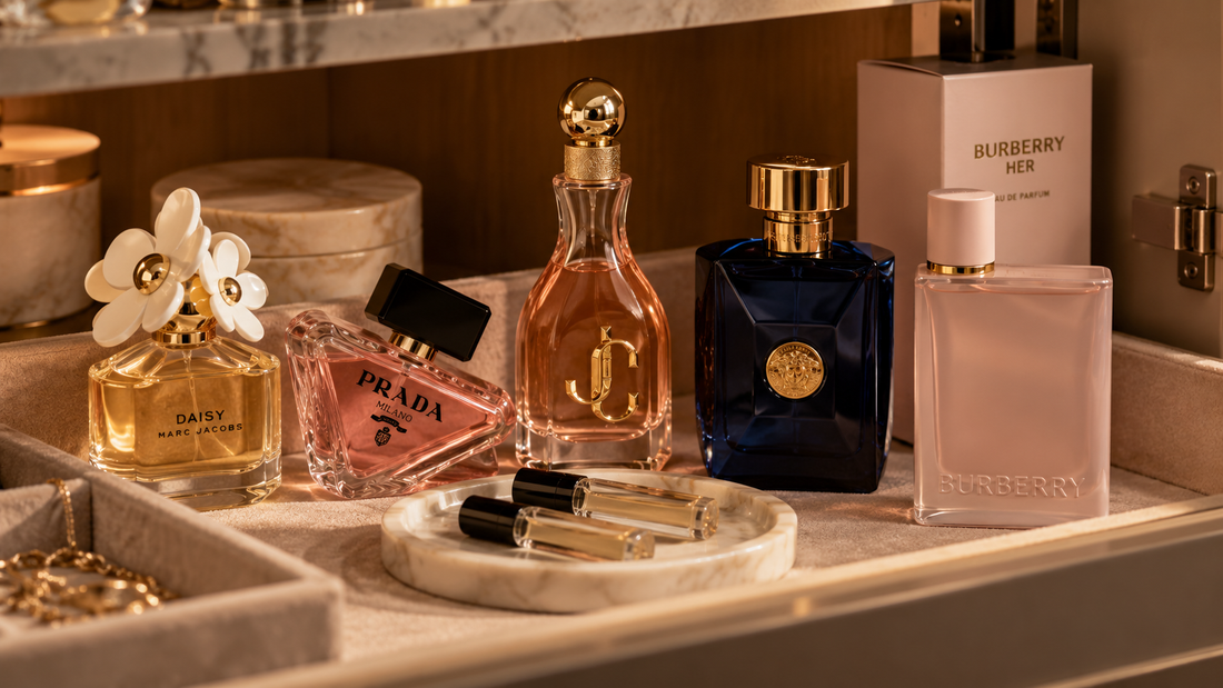 Perfume bottles and small travel atomisers stored upright in a cream-lined vanity drawer.