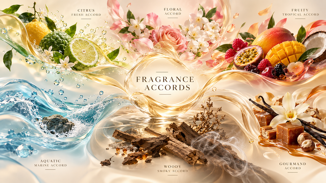 Fragrance accords illustration with citrus, flowers, tropical fruit, ocean waves, spices and woods.