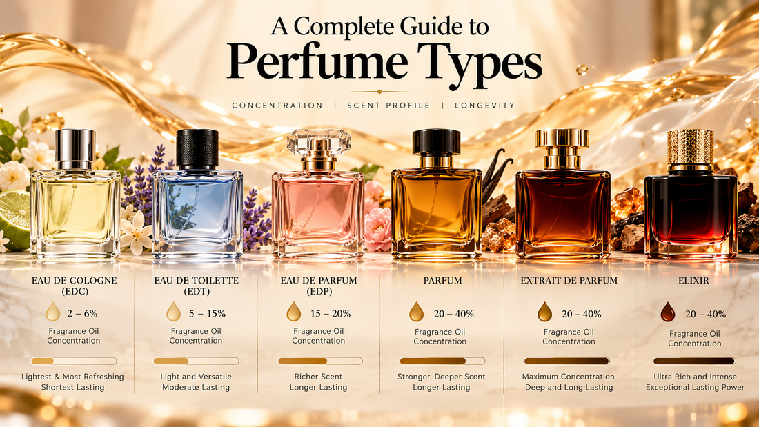 Illustrated comparison of six perfume types with labelled bottles, from Eau de Cologne and Eau de Toilette to Extrait and Elixir.