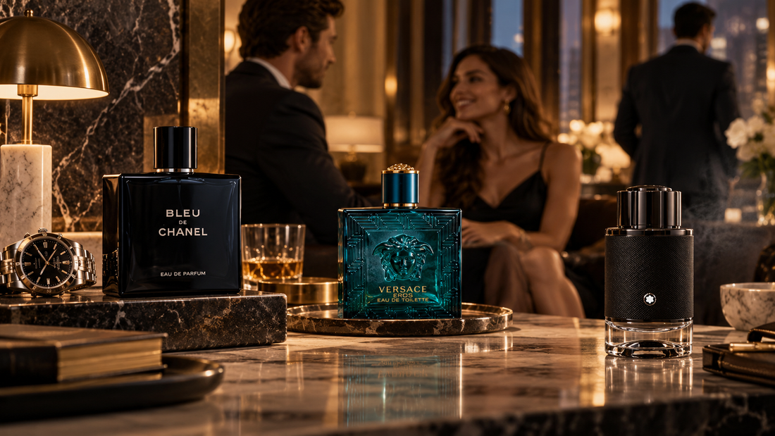 Bleu de Chanel, Versace Eros and Montblanc perfume bottles on a marble counter in a warmly lit lounge.