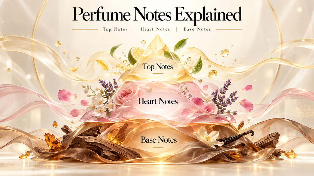 Illustrated fragrance note pyramid showing citrus top notes, floral heart notes, and woody base notes.