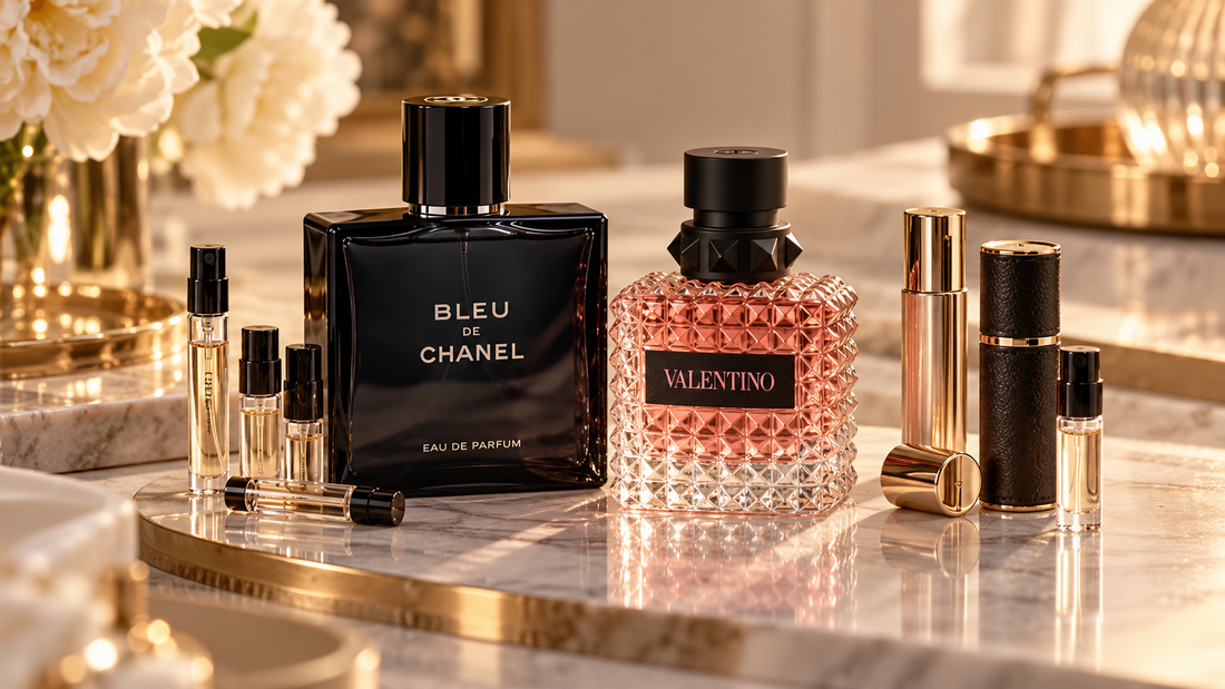 Full-size perfume bottles displayed alongside smaller sample and decant atomisers on a marble surface.