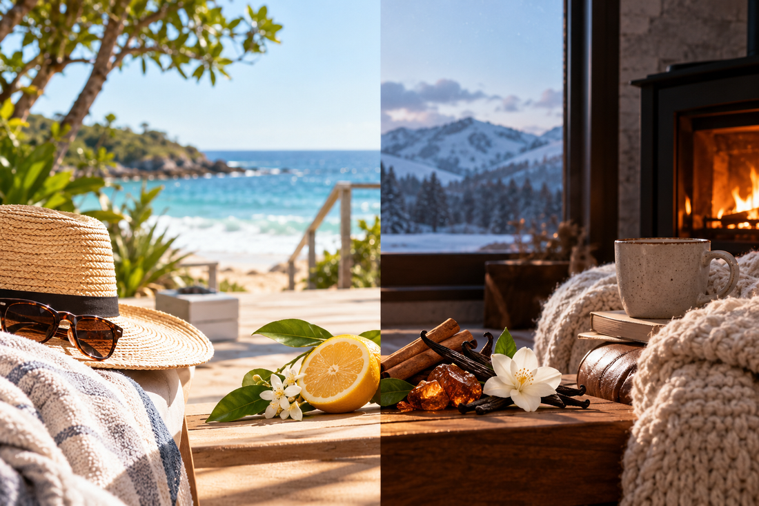 Split scene contrasting a sunny tropical beach with a snowy mountain landscape and warm fireplace.