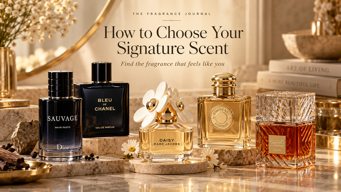 Dior Sauvage, Bleu de Chanel and Marc Jacobs Daisy perfume bottles arranged with other fragrances on a warm marble display.