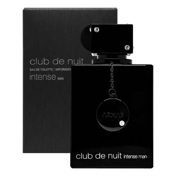 Black perfume bottle labeled 'club de nuit intense man' with packaging on a white background