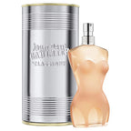 Jean Paul Gaultier Classique perfume bottle and silver canister on a white background