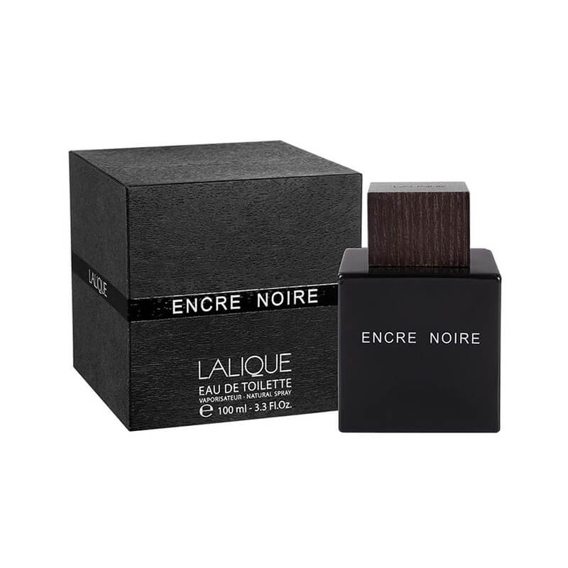 Lalique Encre Noire Eau de Toilette perfume bottle with a dark wood-grain cap next to its textured black packaging box, on a white background.