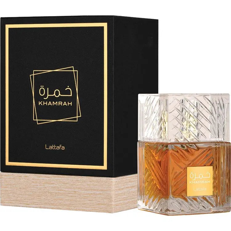 Khamrah Lattafa perfume bottle and packaging on a white background