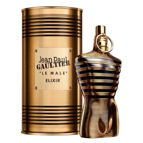 Jean Paul Gaultier Le Male Elixir perfume bottle next to its signature gold cylindrical packaging canister, set against a plain white background.